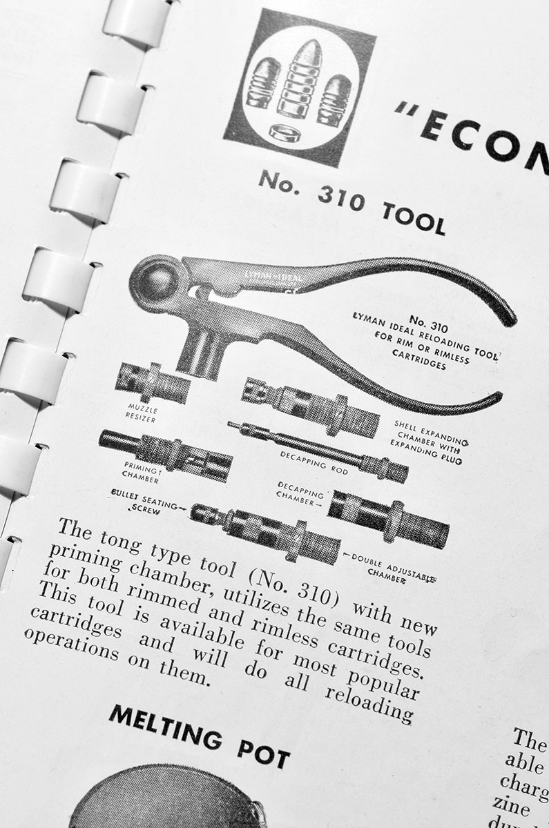 The Lyman 310 tong tool, as illustrated in an Ideal handbook from 1950. This was the competition for Richard Lee when he began developing the Lee Loader.